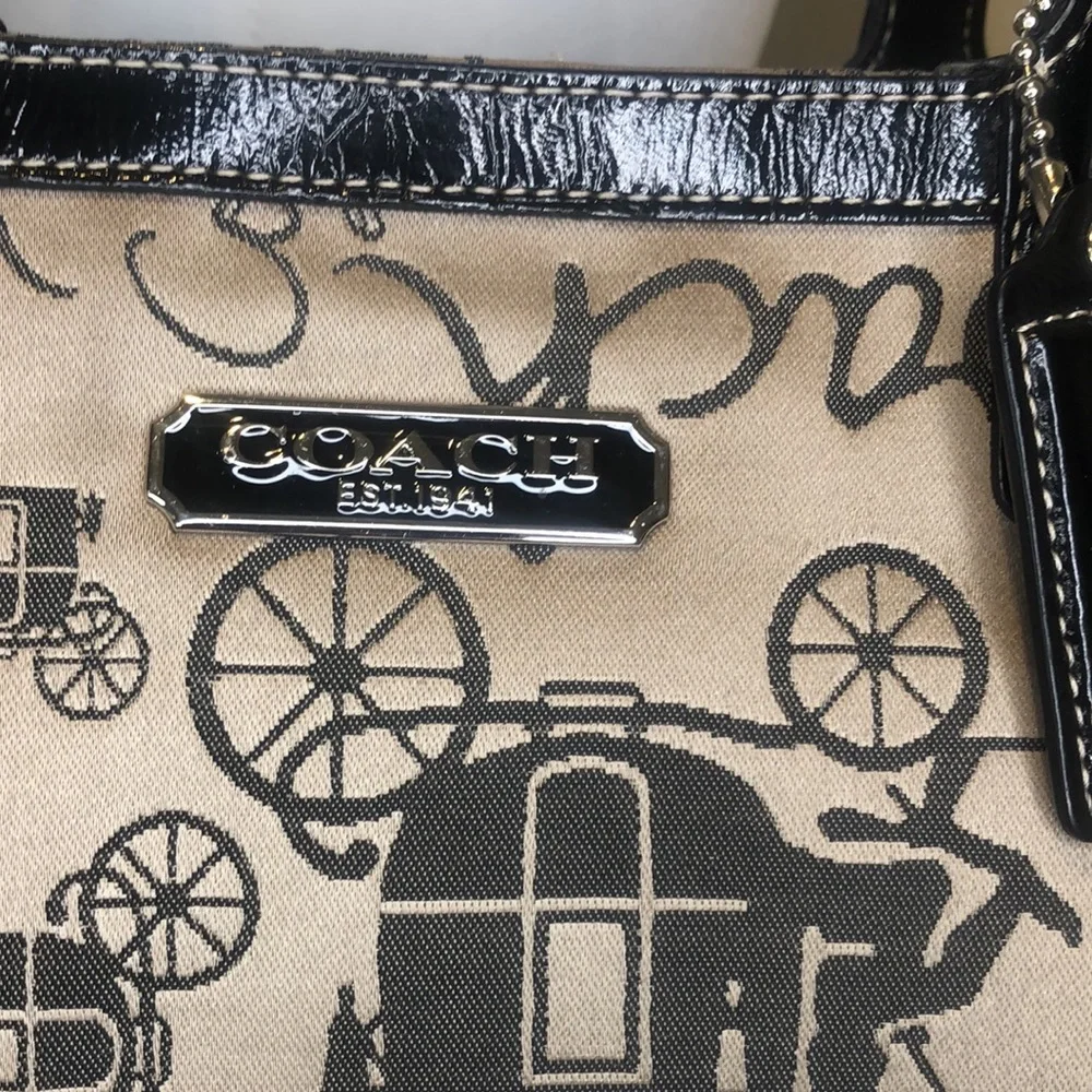 COACH Vintage Horse & Carriage Tan Satin Shoulder Bag  Black Leather Straps